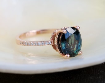 Peacock green sapphire ring. Sapphire engagement ring. 3.96ct oval diamond  ring 14k Rose gold ring. Engagemet rings by Eidelprecious.