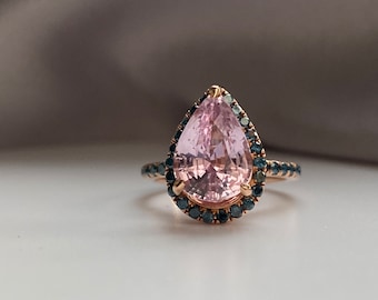 Sparkling Pink Sapphire Engagement ring. Large pear cut pink sapphire ring. Unique cocktail ring. Statement sapphire teal diamonds rose gold