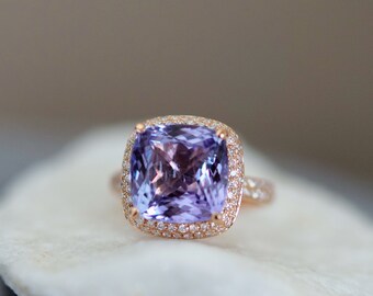 Tanzanite Ring. Rose Gold Engagement Ring Lavender Blue Tanzanite cushion cut engagement ring 14k Rose Gold ring Eidelprecious.