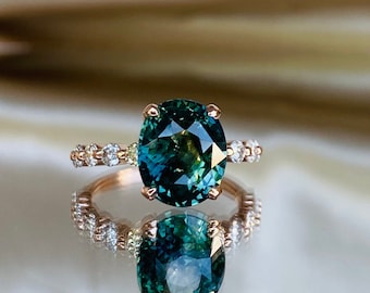 Unique Peacock sapphire engagement ring. Teal parti sapphire diamond ring rose gold. 10 year anniversary ring. Godivah ring by Eidelprecious