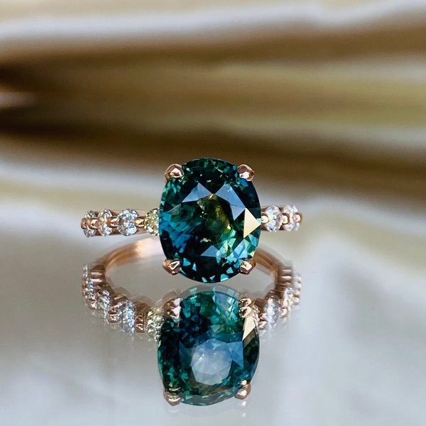 Unique Peacock sapphire engagement ring. Teal parti sapphire diamond ring rose gold. 10 year anniversary ring. Godivah ring by Eidelprecious
