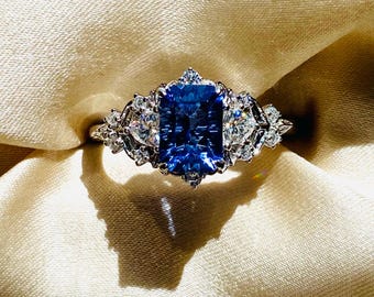 Greta2 Blue Sapphire and Diamonds Engagement Ring, 14k White Gold fantasy ring.