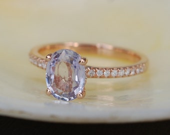 Lilac sapphire engagement ring. 1.7ct lilac lavender oval sapphire diamond ring. 14k Rose gold engagement ring. Engagement rings.