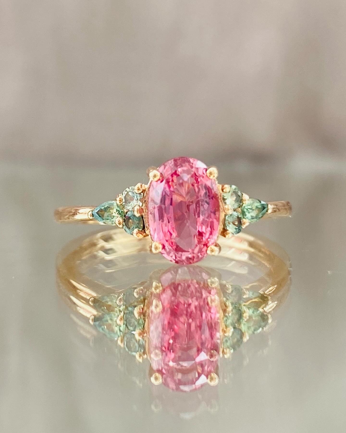 Padparadscha sapphire engagement ring. Pink and green gemstone ring. Floral engagement ring by Eidelprecious