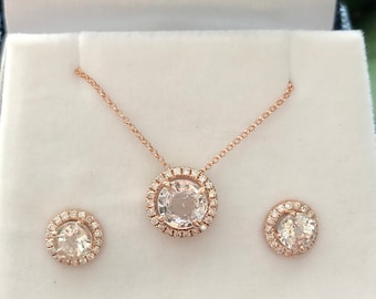 Stud earrings and pendant set. Rose gold earrings. White sapphire diamond earrings. 14k rose gold earrings by Eidelprecious.