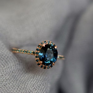 Blue Green sapphire ring. Peacock engagement ring. Oval Teal sapphire ring. 14k Rose gold engagement ring by Eidelprecious image 2