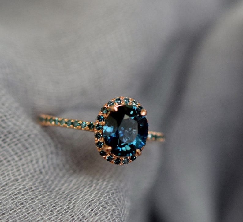 Blue Green sapphire ring. Peacock engagement ring. Oval Teal sapphire ring. 14k Rose gold engagement ring by Eidelprecious image 2