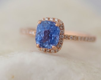 Rose Gold Engagement Ring 1.51ct Cornflower Blue Sapphire cushion halo engagement ring 14k rose gold ring by Eidelprecious