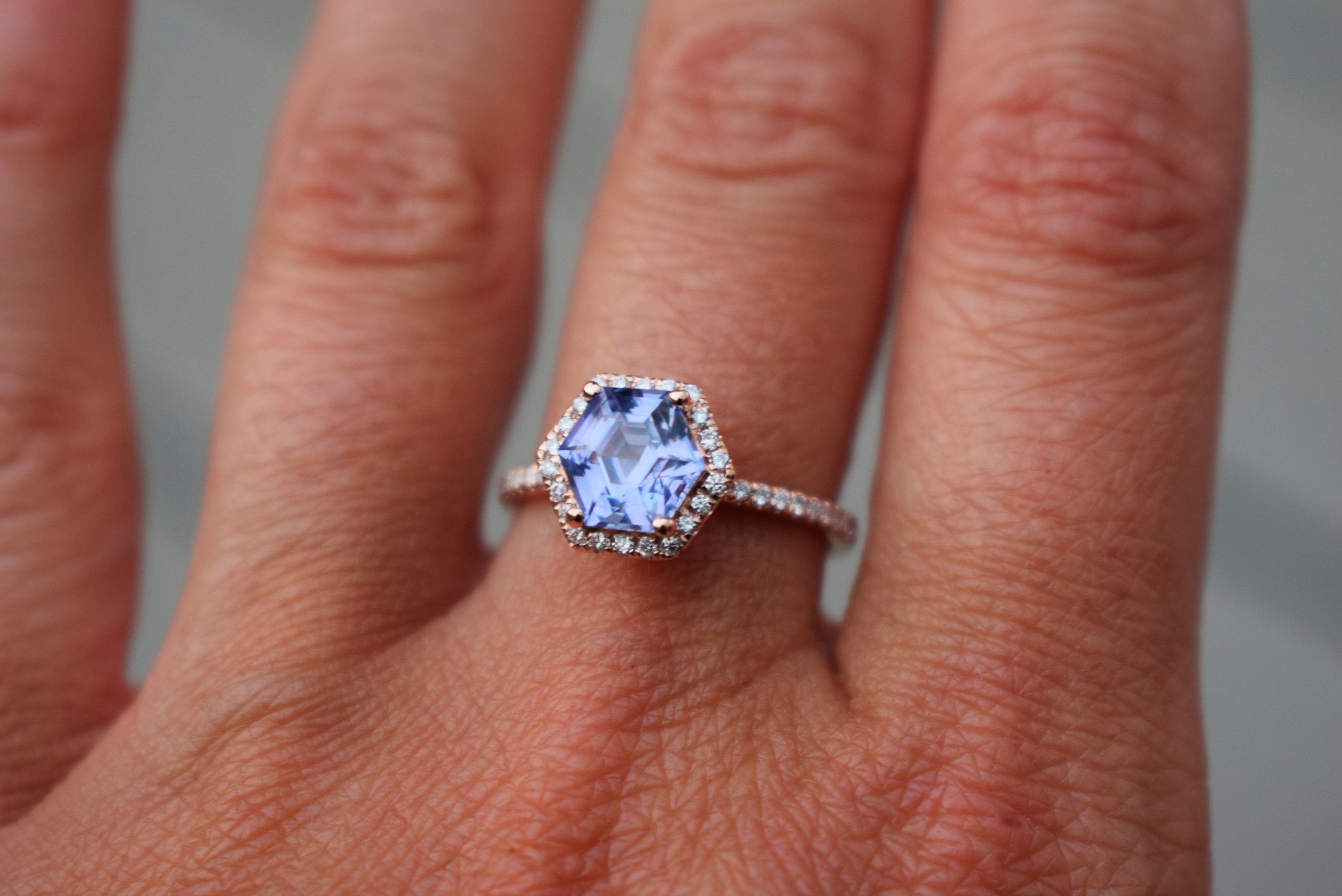 Hexagon Engagement Ring. Periwinkle Blue Violet Sapphire Ring. 14k Rose ...