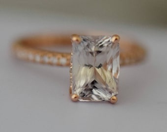 White Sapphire Engagement Ring Emerald cut white sapphire ring 14k rose gold diamond ring 2.86ct sapphire ring Blake design by Eidelprecious