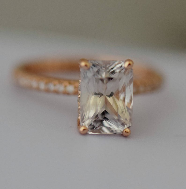 White Sapphire Engagement Ring Emerald Cut White Sapphire Ring Etsy