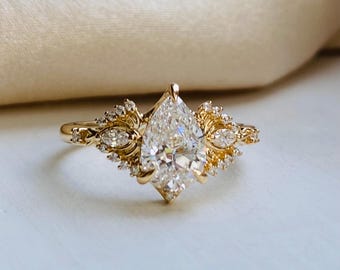 Ginkgo Butterfly Lab Grown Diamond Pear Cut Unique Engagement Ring 14k Gold