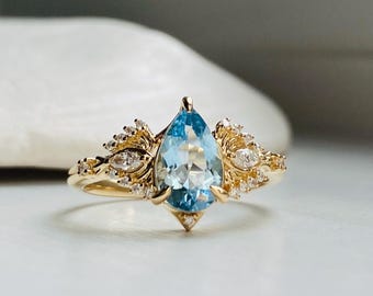 Aquamarine and Diamond Gold Engagement Ring. Unique Ginkgo Butterfly Design