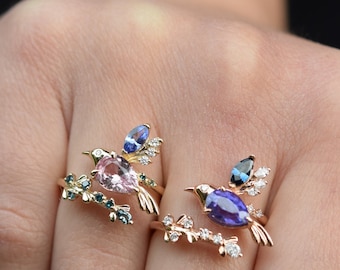 Humming bird sapphire engagement ring Gold. Bird lover gift. Cluster Engagement ring. Pink and Purple Ring by Eidelprecious.