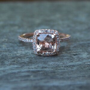 Rose Gold Engagement ring. Peach Pink Sapphire ring. 1.72ct cushion sapphire 14k rose gold diamond ring. Engagement Rings by Eidelprecious