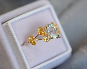 Butterfly meadow aquamarine engagement ring in 14k yellow Gold. Cluster Engagement ring. Blue and Yellow Ring by Eidelprecious.