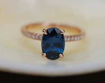 Blake Lively Ring Navy Blue sapphire ring 14k rose gold diamond ring 2.22ct navy blue sapphire ring by Eidelprecious