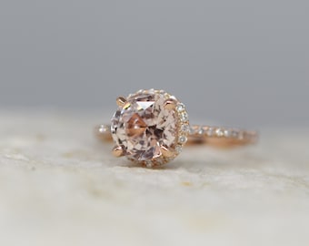 Rose gold engagement ring. 1.5ct round Peach Champagne sapphire diamond ring 14k rose gold engagement ring by Eidelprecious