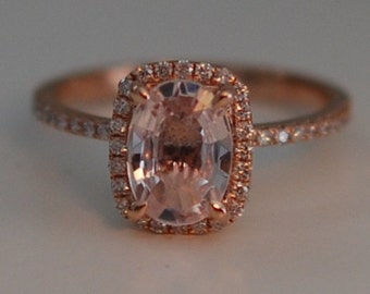 Rose gold ring engagement ring. Peach sapphire 1.69ct cushion sapphire diamond ring.