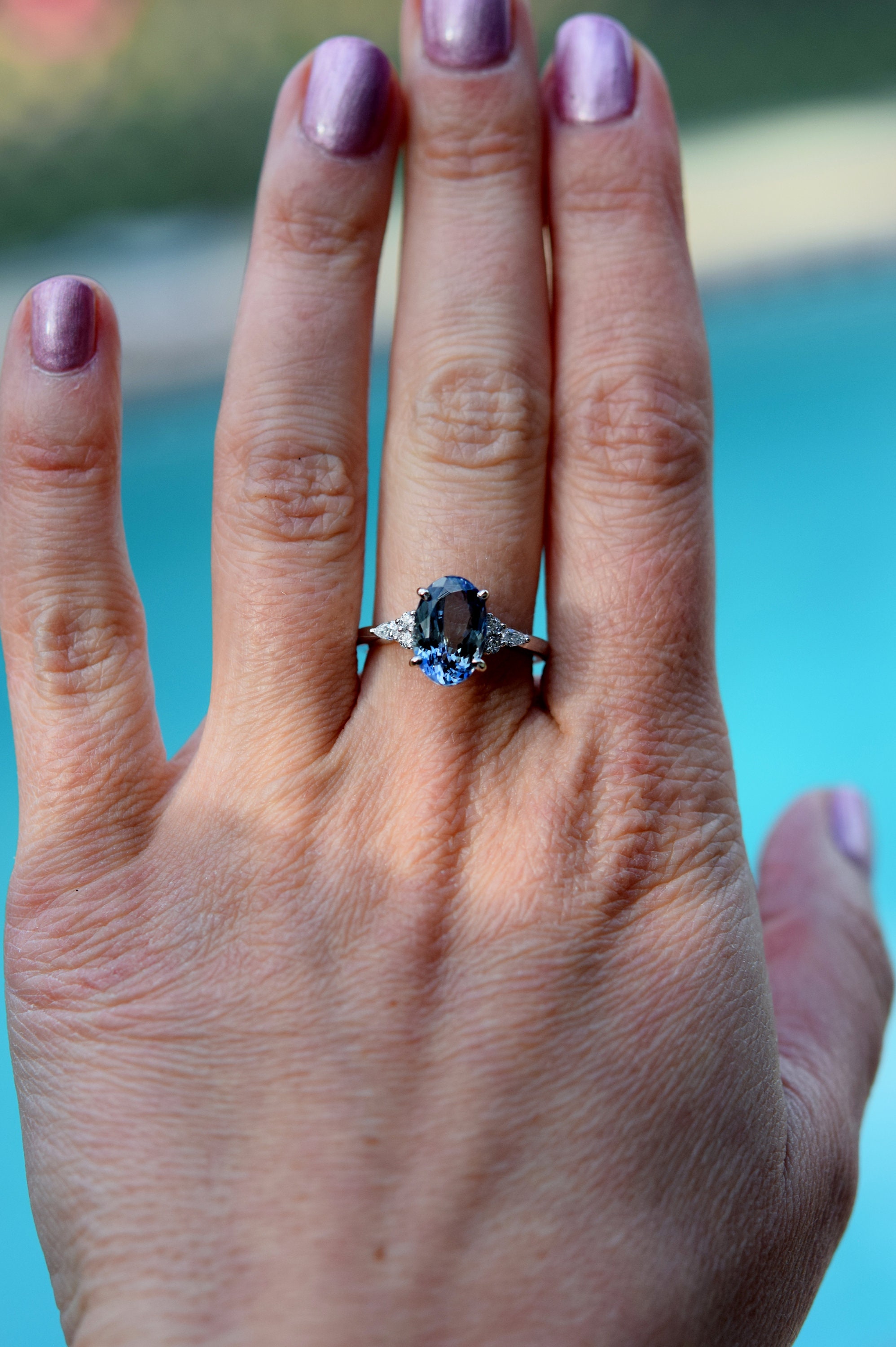 Teal Tanzanite Engagement Ring. Peacock Green Tanzanite 3.4ct Oval