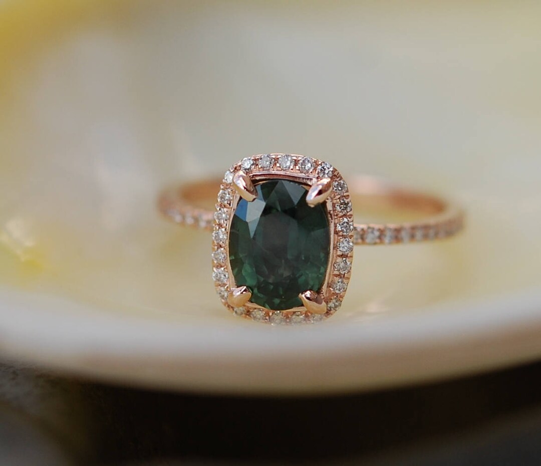 Green Sapphire Engagement Ring. Peacock Green Sapphire 2.5ct Cushion