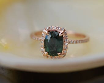 Green sapphire engagement ring. Peacock green sapphire 2.5ct cushion halo diamond  ring 14k Rose gold. Engagenet rings by Eidelprecious.