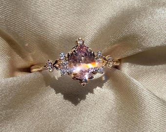 Dela Peach Champagne Sapphire Enchanted Engagement Ring Gold Whimsical Fantasy moissanite ring Unique 14k gold ring for romantic bride