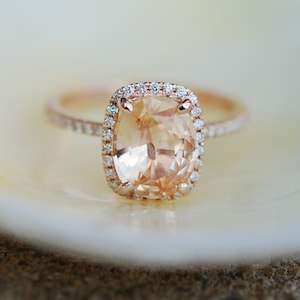 Apricot Peach Champagne Sapphire Ring 14k Rose Gold Diamond Engagement Ring 4.3ct Cushion sapphire ring by Eidelprecious