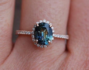 Green sapphire engagement ring. Peacock green sapphire 3ct oval halo diamond  ring 14k Rose gold. Engagement rings