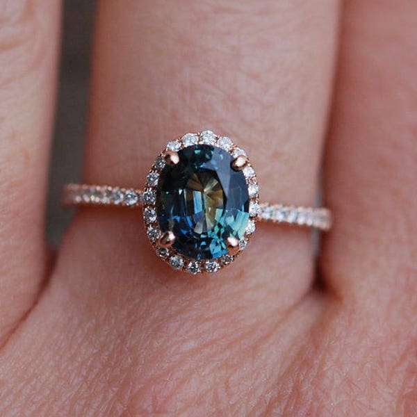 Green sapphire engagement ring. Peacock green sapphire 3ct oval halo diamond  ring 14k Rose gold. Engagement rings