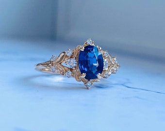 Greta Royal Blue sapphire ring. LOTR Fantasy ring. Whimsical gold engagement ring. Enchanted sapphire and diamond ring by Eidelprecious