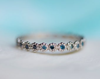 Flower band. Teal diamond wedding band. Matches ANY engagement ring. 1mm Eternity band 14k gold Low Profile Band. Universal band