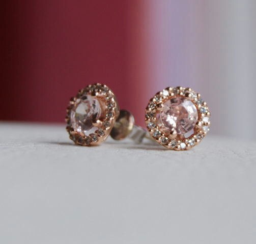 Stud earrings. Rose gold earrings. Champagne peach sapphire diamond ...