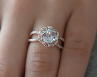 Hexagon Engagement Ring. White Sapphire Ring. 14k Rose Gold ring. Unique sapphire ring. Round sapphire engagement ring