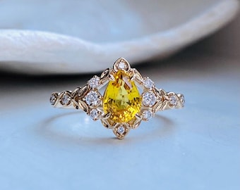 Eowen Lemon Sapphire Diamond Engagement Ring in 14k gold. Fantasy Inspired Unique Elvish engagement ring for romantic bride