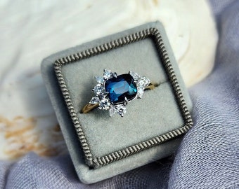 Sephora teal blue sapphire engagement ring. Peacock sapphire east-west Asymmetrical cluster ring. Blue Green sapphire ring by Eidelprecious