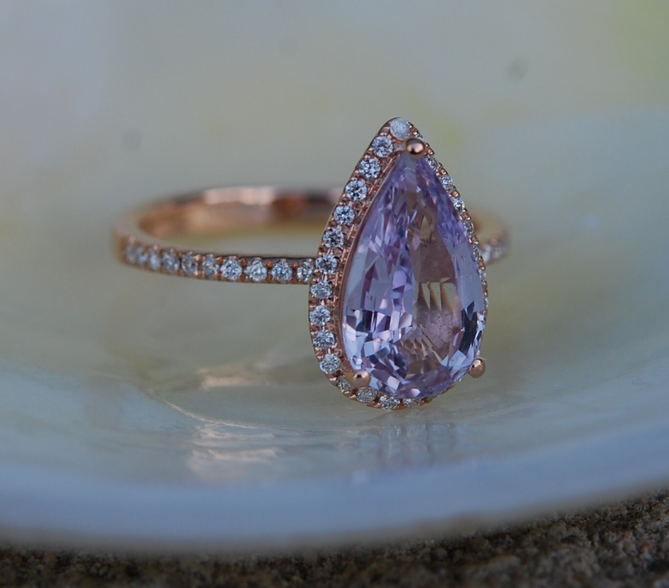 Lavender sapphire ring. 2.4ct Pear cut Peach lavender sapphire 14k rose