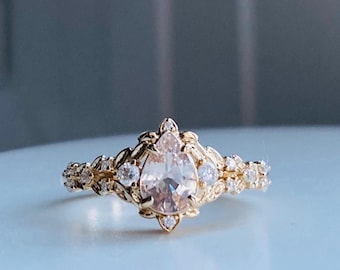 Peach Sapphire Engagement Ring: 14k Gold Diamond Elvish Ring