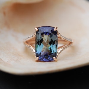 Tanzanite Ring. Rose Gold Engagement Ring Lavender Mint Tanzanite cushion cut halo engagement ring 14k rose gold.