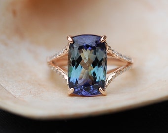 Tanzanite Ring. Rose Gold Engagement Ring Lavender Mint Tanzanite cushion cut halo engagement ring 14k rose gold.