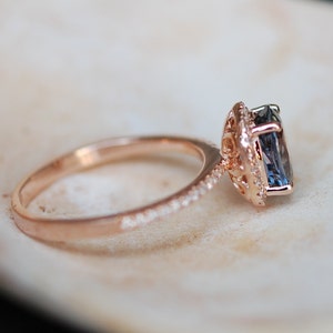 Green blue sapphire engagement ring. Mint sapphire 2.05ct oval halo diamond ring 14k Rose gold. image 5