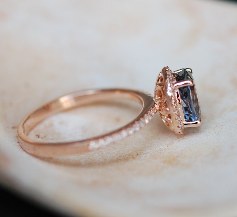 Green blue sapphire engagement ring. Mint sapphire 2.05ct oval halo diamond ring 14k Rose gold. image 5