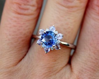 Blue Snowflake Engagement Ring. Blue Sapphire ring. Round Blue sapphire ring Diamond ring White gold ring engagement ring by Eidelprecious