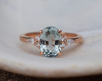 Mint sapphire engagement ring 14k gold. Oval light green blue natural sapphire, diamond cluster. Classic elegant ring for women.