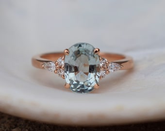 Mint sapphire engagement ring. Eidelprecious Campari ring. Light Blue green sapphire 2ct oval sapphire diamond Campari ring