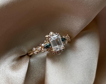 Arwen Emerald Moissanite engagement ring gold. Enchanted Fantasy ring. 14k yellow Gold moissanite engagement ring. Unique promise ring