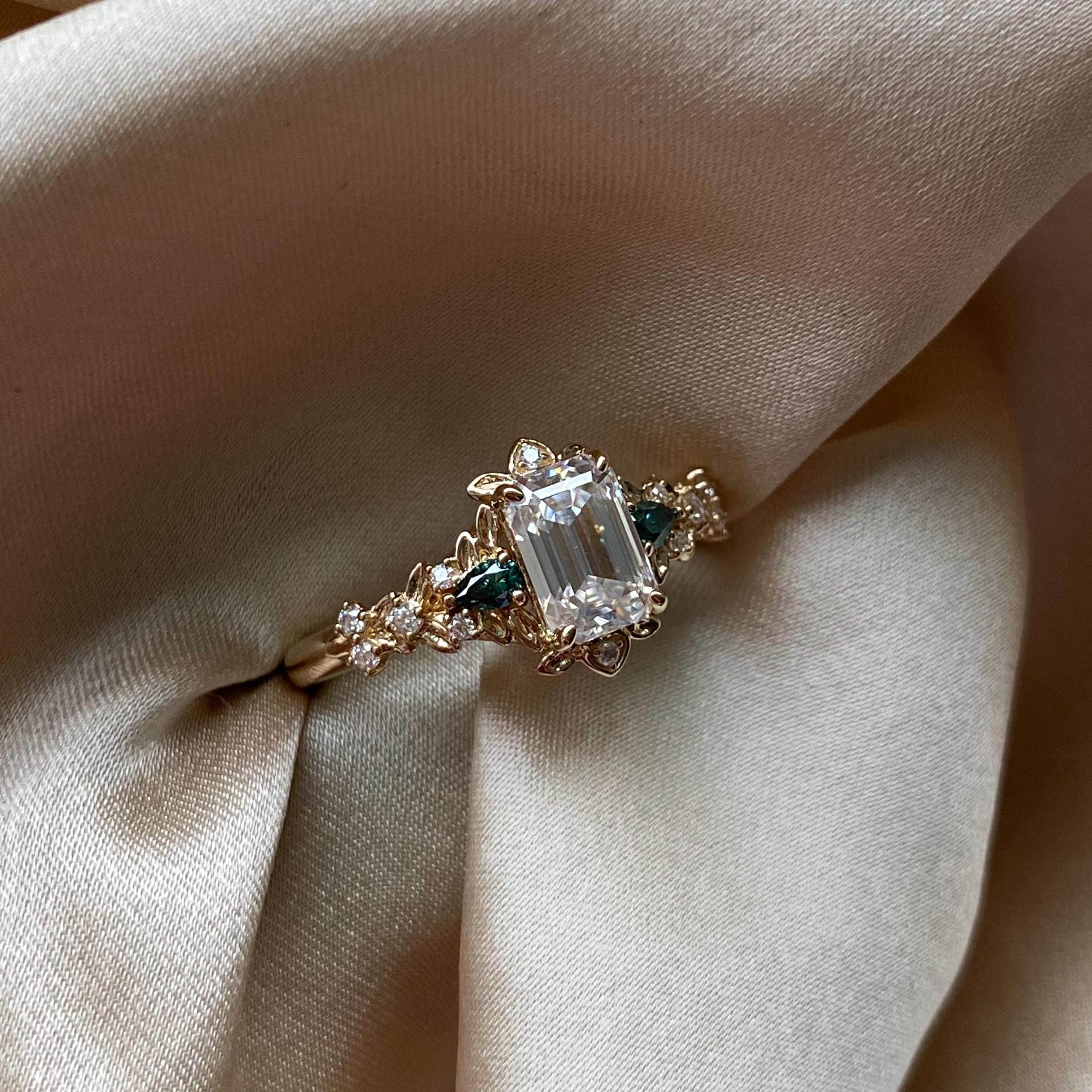 Arwen Emerald Moissanite engagement ring gold. Enchanted Fantasy ring. 14k yellow Gold moissanite engagement ring. Unique promise ring