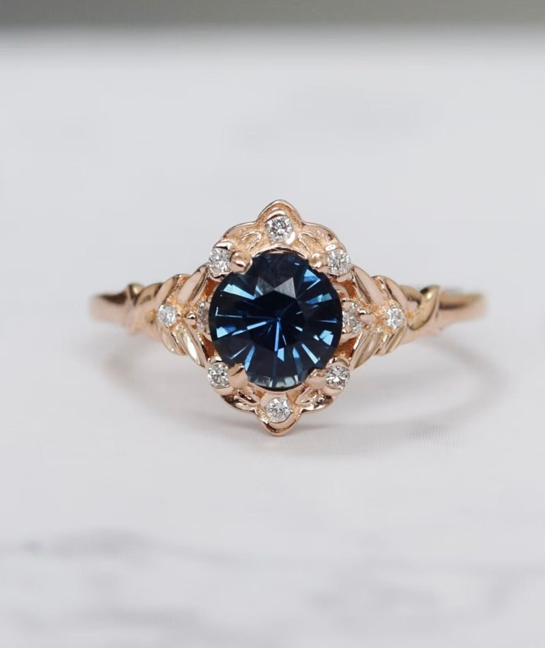 Vintage inspired Blue Sapphire Engagement Ring Round Sapphire Ring 14k Rose Gold, Multi Stone Ring Unique Sapphire Ring Elegant Vintage Ring image 7