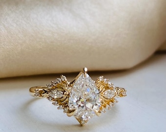 Ginkgo Butterfly Lab Grown Diamond Pear Cut Unique Engagement Ring 14k Gold