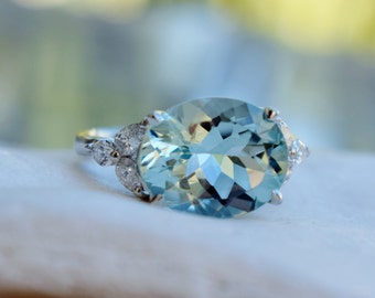 Platinum Aquamarine Engagement Ring. East-West engagement ring. Cluster aquamarine ring.Ready to ship